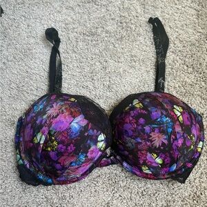 Floral Lace Underwire Bra - Purple and Black